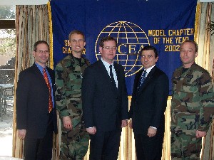 A group of Seoul's newest chapter officers pose at the February induction. From left: Colodney; Lt. Col. Kenneth Crane, USAF, vice president for programs; Ron Koon, secretary; Trini Capelo, vice president for membership and Col. Jim Bieda, USAF, vice president for general affairs.